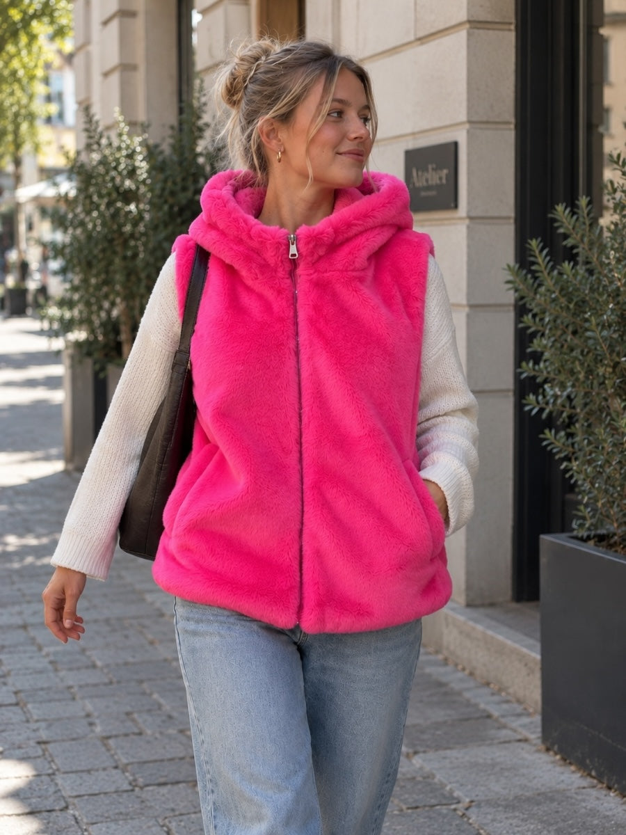Zwillingsherz-Fellweste-Pink mit Kaputze