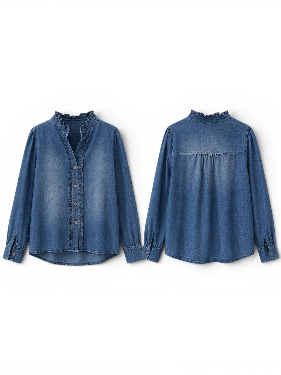 Denim Bluse mit Rüschenkragen